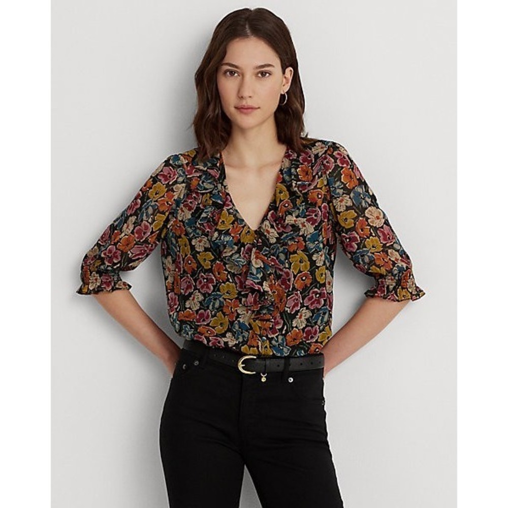 Lauren Ralph Lauren Black Label Floral Crepe Blouse‎ V Neck Sheer